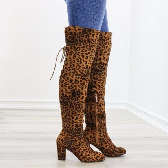 Shoes - Suede Leopard Thigh High Heeled Boots Back Laces